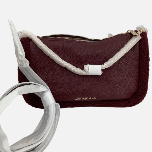 BNWT Michael Kors Carmela Pouchette M Burgundy Oxblood Shearling Leather Xbody - Picture 2 of 6